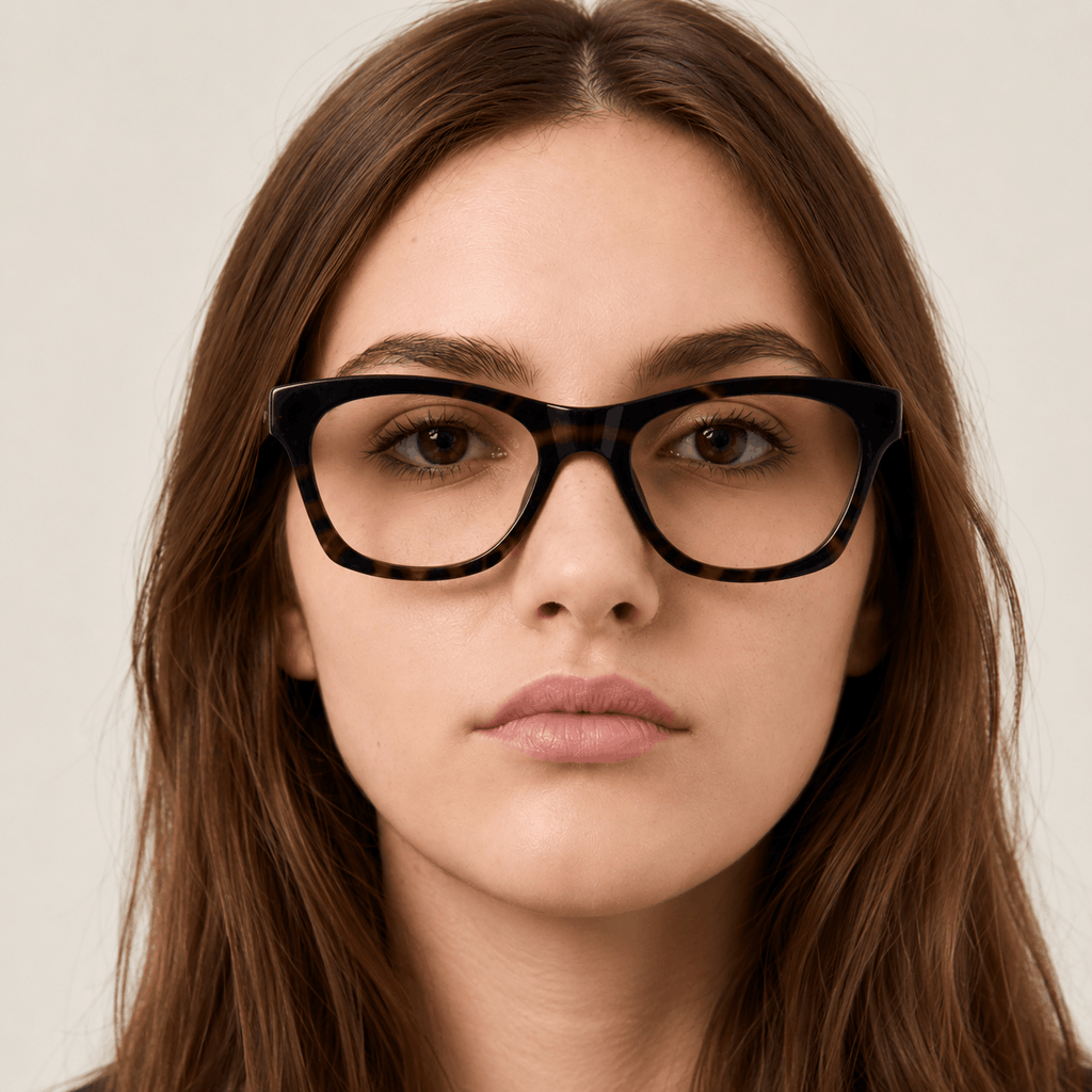 Woman wearing black glasses and a navy blazer against a beige background