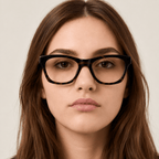 Woman wearing black glasses and a navy blazer against a beige background